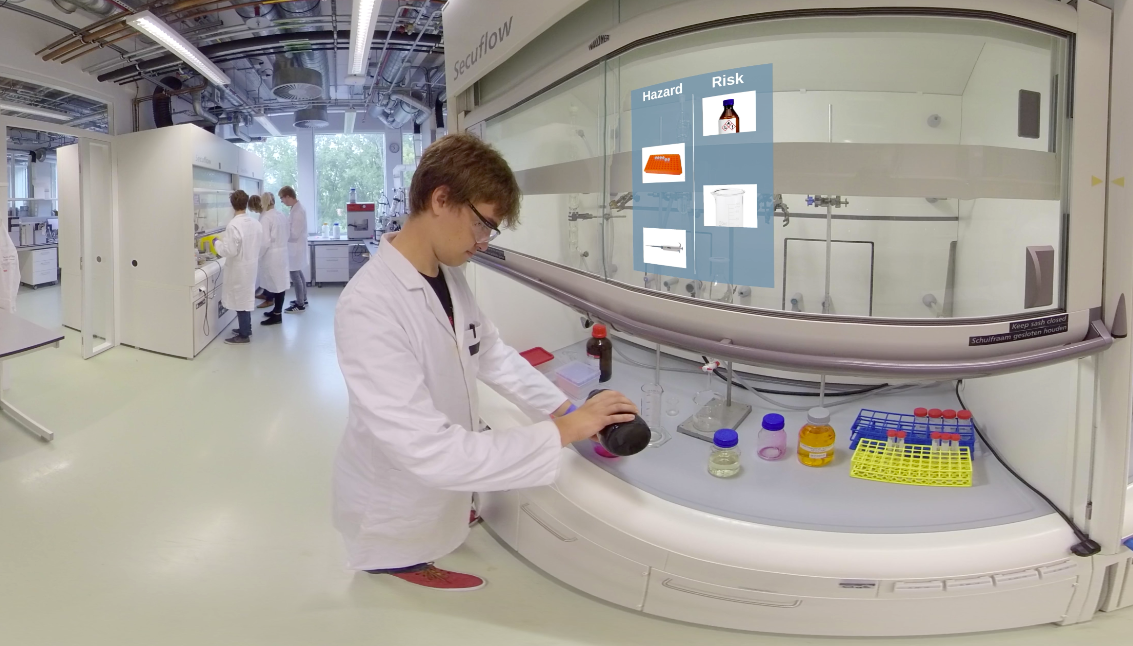 To explain the concepts ‘hazards and risks’, an indicator shows the status of each object involved in the experiment conducted in the first scene.