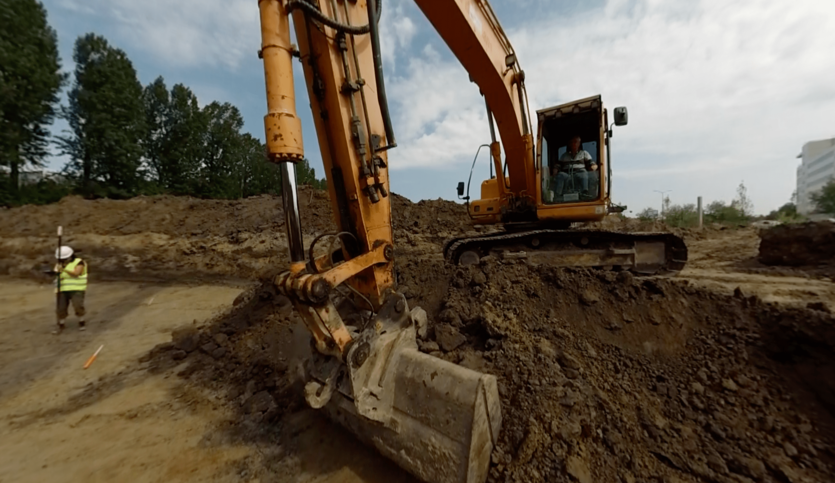 Hazardous factors are shown in the application as well such as this excavator taking care of taking of another layer of soil from the trench.