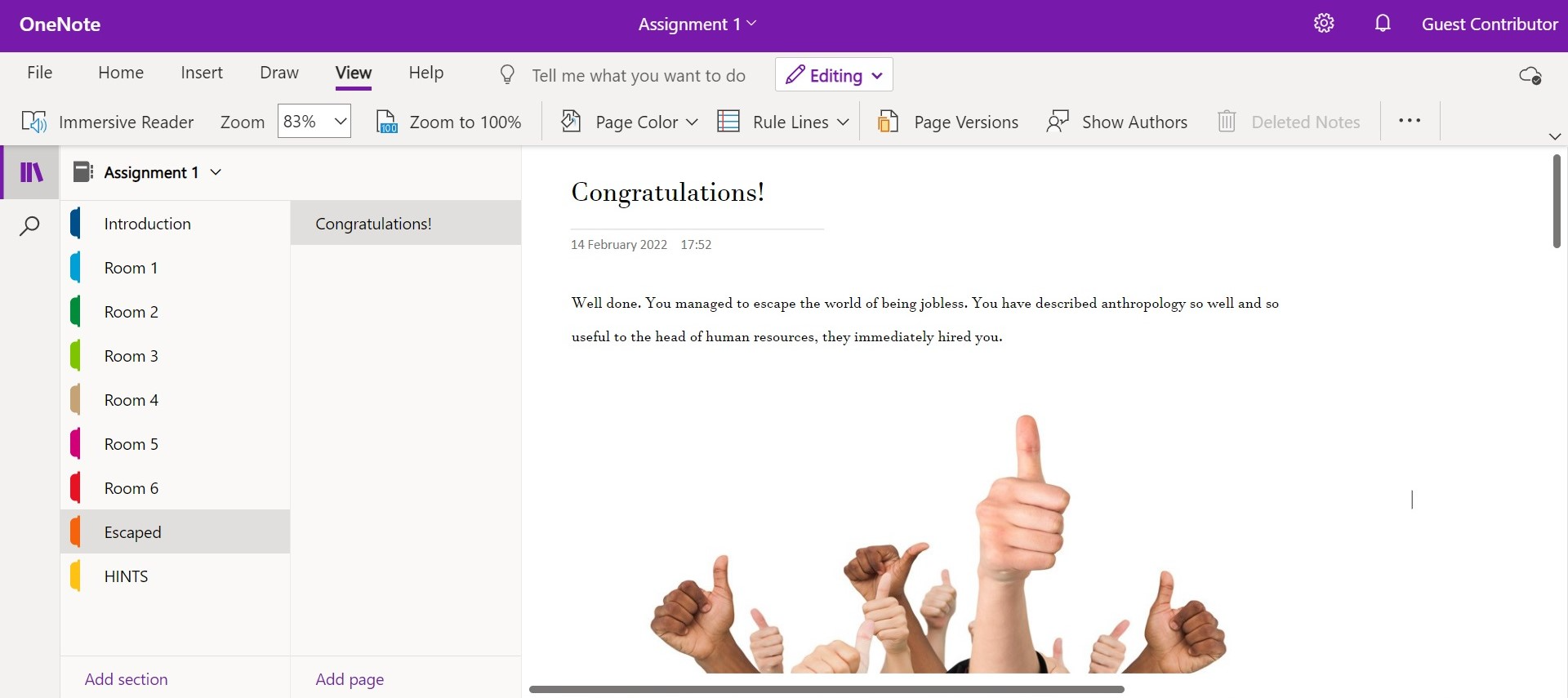 One of the escape rooms created by the students in OneNote (Escaped)